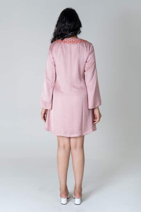 Shop Neora By Nehal Chopra Pink Bemberg Modal Silk Braided Lace Notched Slit Dress at Aza Fashions Shop_Neora By Nehal Chopra_Pink Bemberg Modal Silk Braided Lace Notched Slit Dress _at_Aza_Fashions