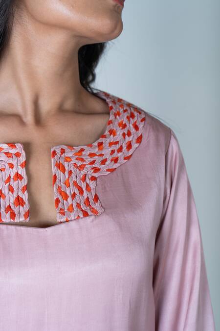 Neora By Nehal Chopra Pink Bemberg Modal Silk Braided Lace Notched Slit Dress Online at Aza Fashions Neora By Nehal Chopra_Pink Bemberg Modal Silk Braided Lace Notched Slit Dress _Online_at_Aza_Fashions