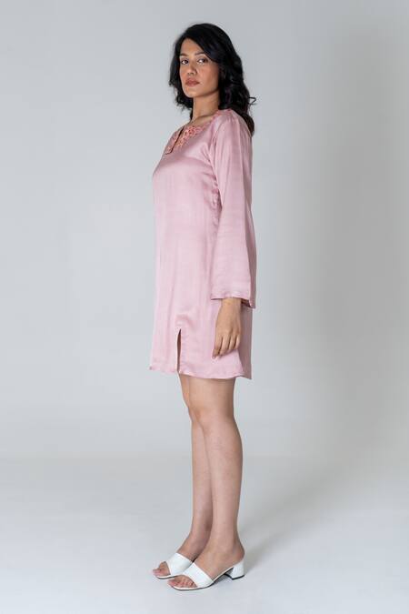 Shop Neora By Nehal Chopra Pink Bemberg Modal Silk Braided Lace Notched Slit Dress Online at Aza Fashions Shop_Neora By Nehal Chopra_Pink Bemberg Modal Silk Braided Lace Notched Slit Dress _Online_at_Aza_Fashions