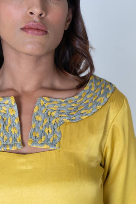 Neora By Nehal Chopra Yellow Bemberg Modal Silk Braided Lace Notched Solid Slit Dress Online at Aza Fashions Neora By Nehal Chopra_Yellow Bemberg Modal Silk Braided Lace Notched Solid Slit Dress _Online_at_Aza_Fashions