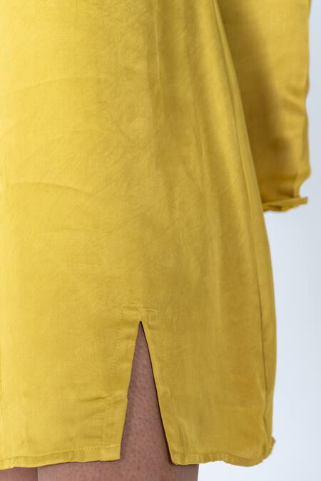 Buy Neora By Nehal Chopra Yellow Bemberg Modal Silk Braided Lace Notched Solid Slit Dress Online at Aza Fashions Buy_Neora By Nehal Chopra_Yellow Bemberg Modal Silk Braided Lace Notched Solid Slit Dress _Online_at_Aza_Fashions