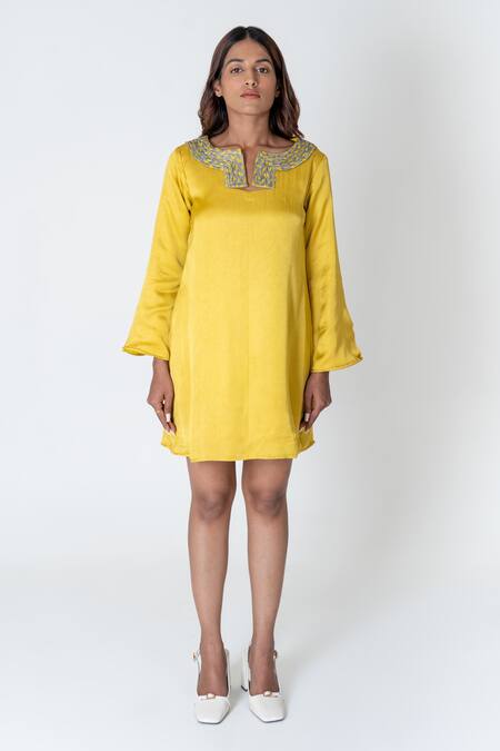Shop Neora By Nehal Chopra Yellow Bemberg Modal Silk Braided Lace Notched Solid Slit Dress Online at Aza Fashions Shop_Neora By Nehal Chopra_Yellow Bemberg Modal Silk Braided Lace Notched Solid Slit Dress _Online_at_Aza_Fashions