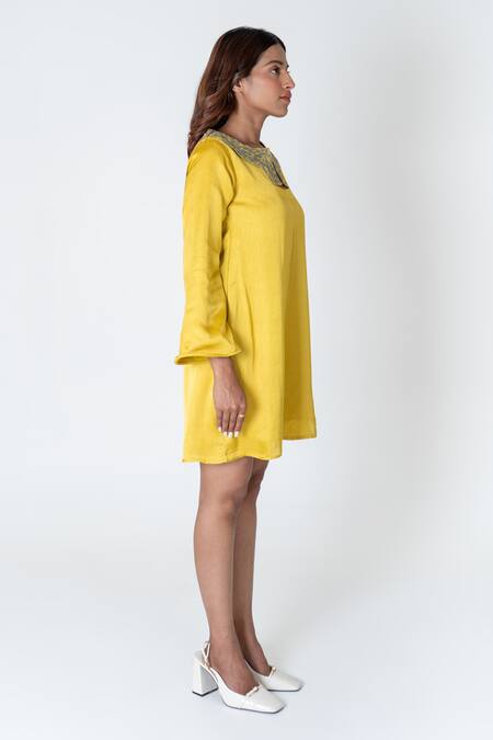 Buy Neora By Nehal Chopra Yellow Bemberg Modal Silk Braided Lace Notched Solid Slit Dress Buy_Neora By Nehal Chopra_Yellow Bemberg Modal Silk Braided Lace Notched Solid Slit Dress