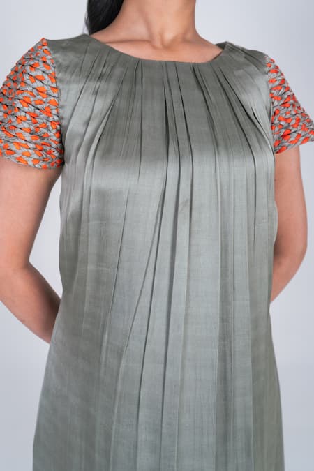 Neora By Nehal Chopra Green Bemberg Modal Silk Braided Lace Round Sleeve Asymmetric Dress Online at Aza Fashions Neora By Nehal Chopra_Green Bemberg Modal Silk Braided Lace Round Sleeve Asymmetric Dress _Online_at_Aza_Fashions