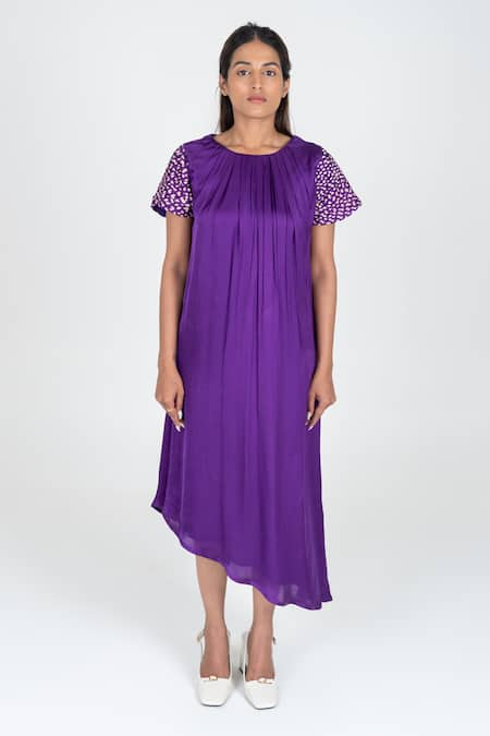 Neora By Nehal Chopra Purple Bemberg Modal Silk Braided Lace Round Asymmetric Sleeve Dress 