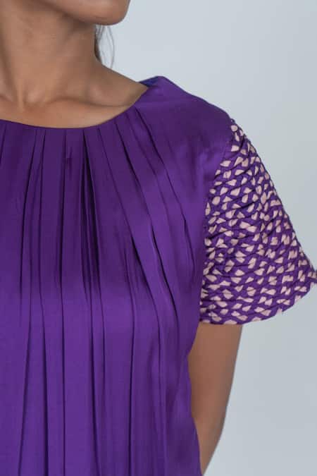 Neora By Nehal Chopra Purple Bemberg Modal Silk Braided Lace Round Asymmetric Sleeve Dress Online at Aza Fashions Neora By Nehal Chopra_Purple Bemberg Modal Silk Braided Lace Round Asymmetric Sleeve Dress _Online_at_Aza_Fashions