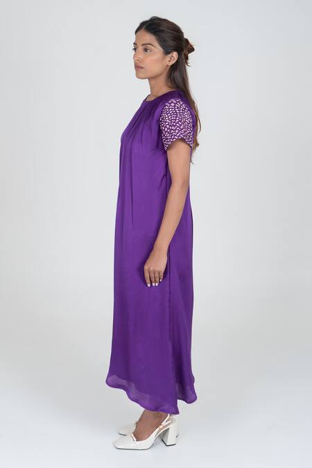 Buy Neora By Nehal Chopra Purple Bemberg Modal Silk Braided Lace Round Asymmetric Sleeve Dress Online at Aza Fashions Buy_Neora By Nehal Chopra_Purple Bemberg Modal Silk Braided Lace Round Asymmetric Sleeve Dress _Online_at_Aza_Fashions