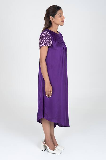 Shop Neora By Nehal Chopra Purple Bemberg Modal Silk Braided Lace Round Asymmetric Sleeve Dress Online at Aza Fashions Shop_Neora By Nehal Chopra_Purple Bemberg Modal Silk Braided Lace Round Asymmetric Sleeve Dress _Online_at_Aza_Fashions