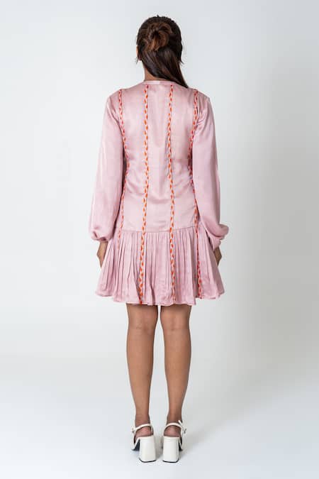 Shop Neora By Nehal Chopra Pink Bemberg Modal Silk Braided Lace Mandarin Collar Frilled Dress at Aza Fashions Shop_Neora By Nehal Chopra_Pink Bemberg Modal Silk Braided Lace Mandarin Collar Frilled Dress _at_Aza_Fashions