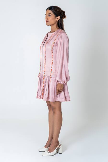 Shop Neora By Nehal Chopra Pink Bemberg Modal Silk Braided Lace Mandarin Collar Frilled Dress Online at Aza Fashions Shop_Neora By Nehal Chopra_Pink Bemberg Modal Silk Braided Lace Mandarin Collar Frilled Dress _Online_at_Aza_Fashions
