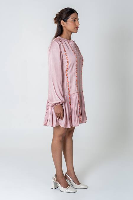 Neora By Nehal Chopra Pink Bemberg Modal Silk Braided Lace Mandarin Collar Frilled Dress at Aza Fashions Neora By Nehal Chopra_Pink Bemberg Modal Silk Braided Lace Mandarin Collar Frilled Dress _at_Aza_Fashions