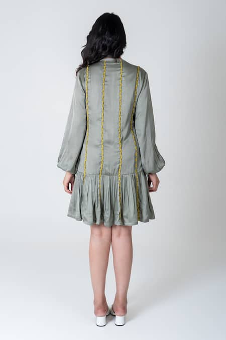 Shop Neora By Nehal Chopra Green Bemberg Modal Silk Braided Lace Mandarin Collar Dress at Aza Fashions Shop_Neora By Nehal Chopra_Green Bemberg Modal Silk Braided Lace Mandarin Collar Dress _at_Aza_Fashions