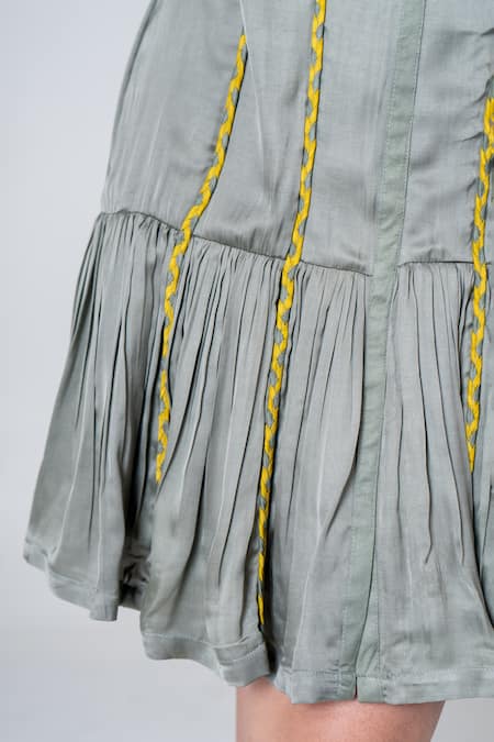 Neora By Nehal Chopra Green Bemberg Modal Silk Braided Lace Mandarin Collar Dress Online at Aza Fashions Neora By Nehal Chopra_Green Bemberg Modal Silk Braided Lace Mandarin Collar Dress _Online_at_Aza_Fashions