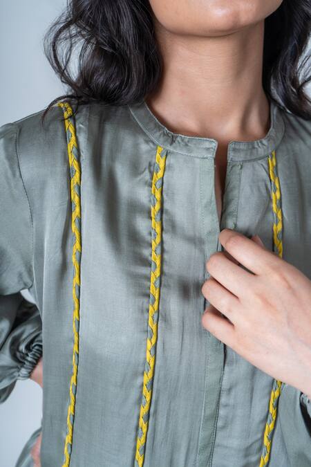 Buy Neora By Nehal Chopra Green Bemberg Modal Silk Braided Lace Mandarin Collar Dress Online at Aza Fashions Buy_Neora By Nehal Chopra_Green Bemberg Modal Silk Braided Lace Mandarin Collar Dress _Online_at_Aza_Fashions