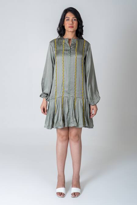Shop Neora By Nehal Chopra Green Bemberg Modal Silk Braided Lace Mandarin Collar Dress Online at Aza Fashions Shop_Neora By Nehal Chopra_Green Bemberg Modal Silk Braided Lace Mandarin Collar Dress _Online_at_Aza_Fashions
