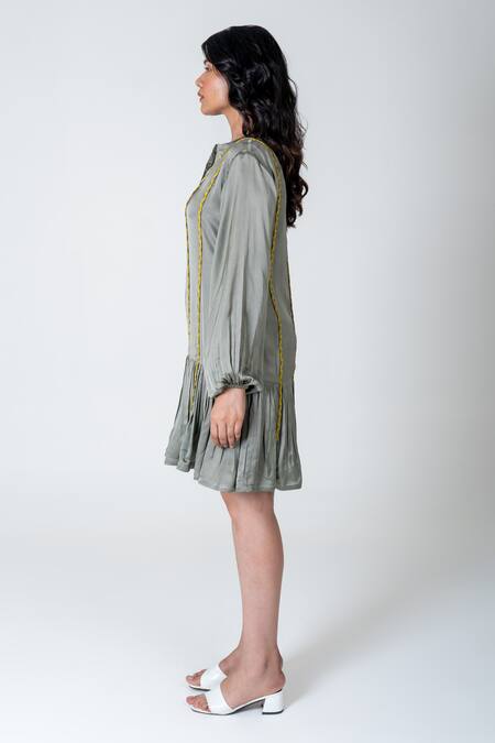 Neora By Nehal Chopra Green Bemberg Modal Silk Braided Lace Mandarin Collar Dress at Aza Fashions Neora By Nehal Chopra_Green Bemberg Modal Silk Braided Lace Mandarin Collar Dress _at_Aza_Fashions