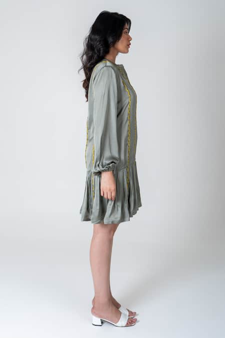 Buy Neora By Nehal Chopra Green Bemberg Modal Silk Braided Lace Mandarin Collar Dress Buy_Neora By Nehal Chopra_Green Bemberg Modal Silk Braided Lace Mandarin Collar Dress