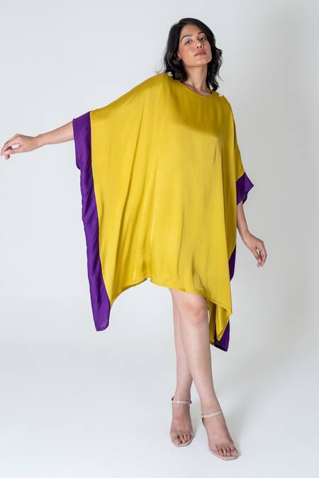 Neora By Nehal Chopra_Yellow Bemberg Modal Silk Colour Block Round Kaftan _Online_at_Aza_Fashions