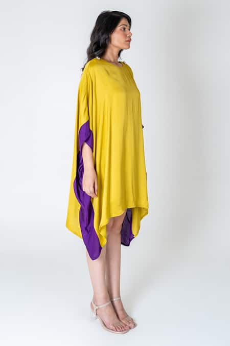 Shop_Neora By Nehal Chopra_Yellow Bemberg Modal Silk Colour Block Round Kaftan _Online_at_Aza_Fashions