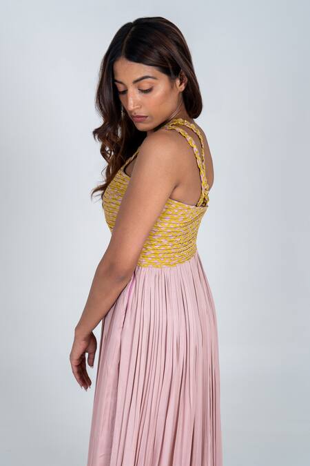 Neora By Nehal Chopra Pink Bemberg Modal Silk Braided Lace One Shoulder Bodice Trail Gown Online at Aza Fashions Neora By Nehal Chopra_Pink Bemberg Modal Silk Braided Lace One Shoulder Bodice Trail Gown _Online_at_Aza_Fashions