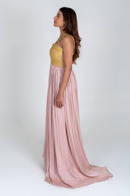 Buy Neora By Nehal Chopra Pink Bemberg Modal Silk Braided Lace One Shoulder Bodice Trail Gown Online at Aza Fashions Buy_Neora By Nehal Chopra_Pink Bemberg Modal Silk Braided Lace One Shoulder Bodice Trail Gown _Online_at_Aza_Fashions
