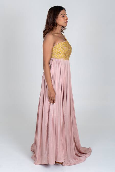 Shop Neora By Nehal Chopra Pink Bemberg Modal Silk Braided Lace One Shoulder Bodice Trail Gown Online at Aza Fashions Shop_Neora By Nehal Chopra_Pink Bemberg Modal Silk Braided Lace One Shoulder Bodice Trail Gown _Online_at_Aza_Fashions