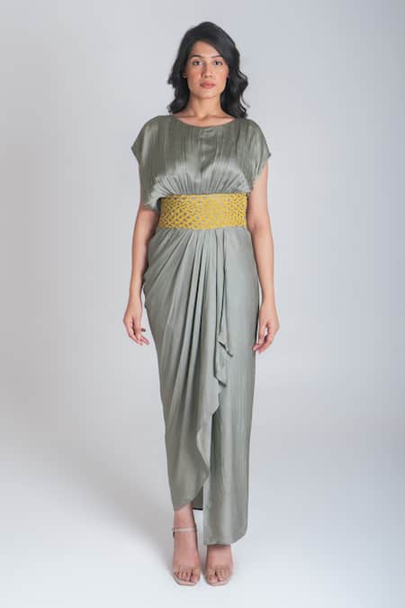 Buy Neora By Nehal Chopra Green Bemberg Modal Silk Braided Lace Round Waist Asymmetric Gown Online at Aza Fashions Buy_Neora By Nehal Chopra_Green Bemberg Modal Silk Braided Lace Round Waist Asymmetric Gown _Online_at_Aza_Fashions