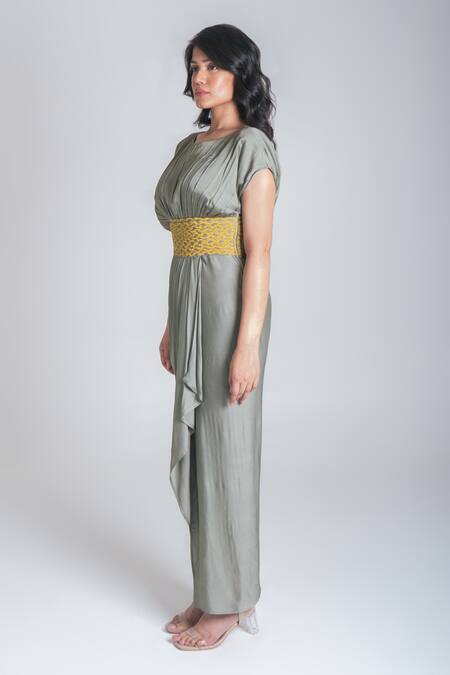 Shop Neora By Nehal Chopra Green Bemberg Modal Silk Braided Lace Round Waist Asymmetric Gown Online at Aza Fashions Shop_Neora By Nehal Chopra_Green Bemberg Modal Silk Braided Lace Round Waist Asymmetric Gown _Online_at_Aza_Fashions