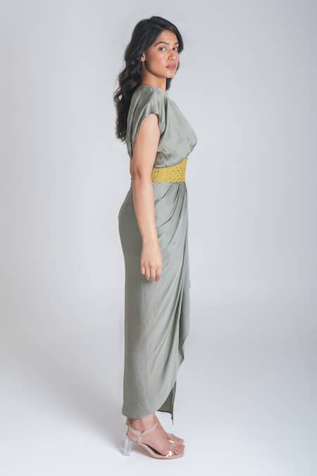 Neora By Nehal Chopra Green Bemberg Modal Silk Braided Lace Round Waist Asymmetric Gown at Aza Fashions Neora By Nehal Chopra_Green Bemberg Modal Silk Braided Lace Round Waist Asymmetric Gown _at_Aza_Fashions
