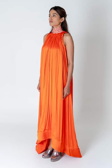 Buy_Neora By Nehal Chopra_Orange Bemberg Modal Silk Braided Lace Band Collar Neck Trail Gown _Online_at_Aza_Fashions