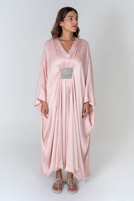 Neora By Nehal Chopra Pink Bemberg Modal Silk Braided Lace V-neck Waist Asymmetric Kaftan 