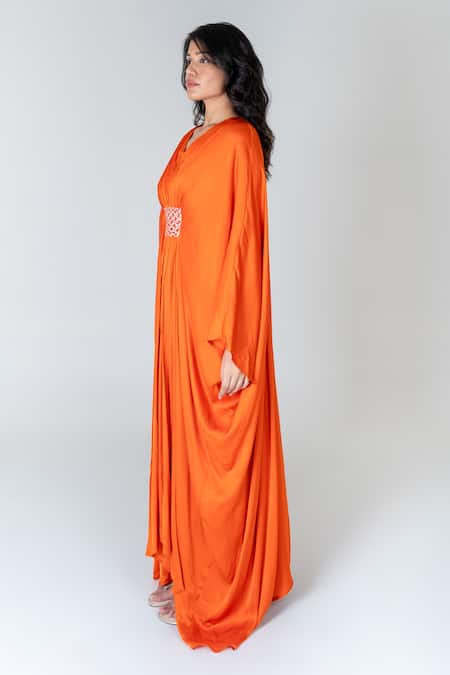 Shop_Neora By Nehal Chopra_Orange Bemberg Modal Silk Braided Lace V-neck Asymmetric Waist Kaftan _Online_at_Aza_Fashions