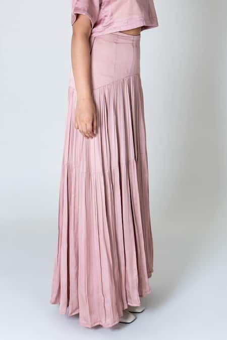 Shop_Neora By Nehal Chopra_Pink Bemberg Modal Silk Solid High-low Skirt _Online_at_Aza_Fashions