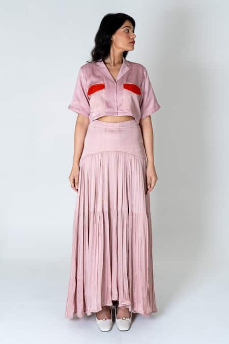 Neora By Nehal Chopra Pink Bemberg Modal Silk Colour Block Lapel Collar Pocket Crop Shirt With Skirt 