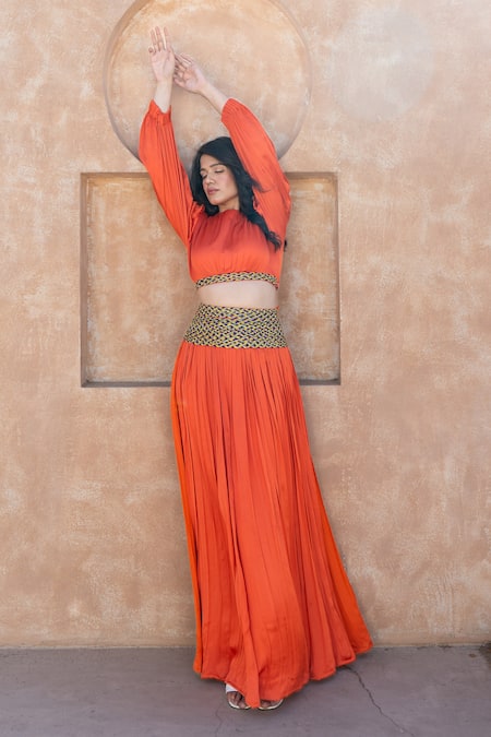 Neora By Nehal Chopra Orange Bemberg Modal Silk Braided Lace Round Draped Top With Waist Skirt 