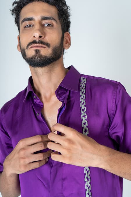 Neora By Nehal Chopra Purple Butter Crepe Embroidery Braid Placement Shirt Online at Aza Fashions Neora By Nehal Chopra_Purple Butter Crepe Embroidery Braid Placement Shirt _Online_at_Aza_Fashions