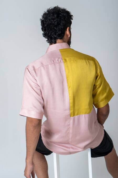 Neora By Nehal Chopra Yellow Bemberg Modal Silk Plain Colorblock Shirt Online at Aza Fashions Neora By Nehal Chopra_Yellow Bemberg Modal Silk Plain Colorblock Shirt _Online_at_Aza_Fashions