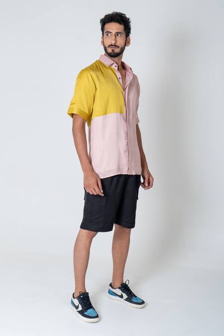 Shop Neora By Nehal Chopra Yellow Bemberg Modal Silk Plain Colorblock Shirt Online at Aza Fashions Shop_Neora By Nehal Chopra_Yellow Bemberg Modal Silk Plain Colorblock Shirt _Online_at_Aza_Fashions