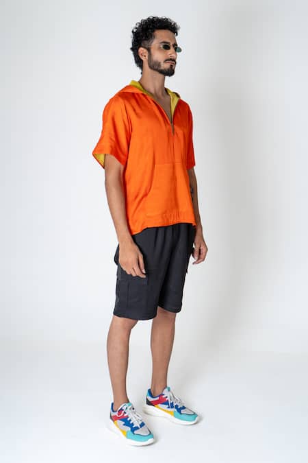 Neora By Nehal Chopra_Orange Bemberg Modal Silk Plain Half Sleeve Colorblock Hoodie _at_Aza_Fashions