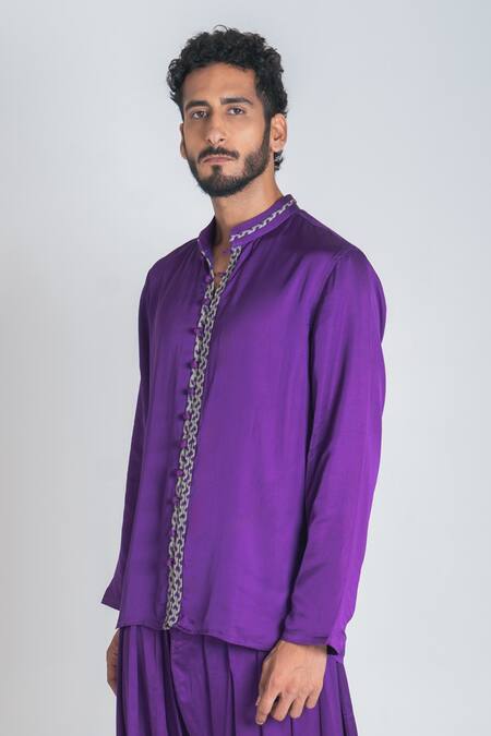 Shop_Neora By Nehal Chopra_Purple Embroidery Placket Kurta _Online_at_Aza_Fashions