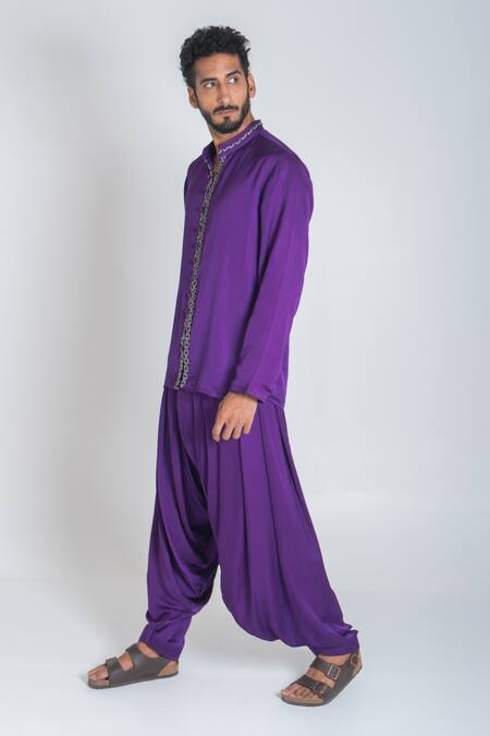 Shop_Neora By Nehal Chopra_Purple Modal, Silk Braided Placket Kurta With Dhoti Pant _Online_at_Aza_Fashions