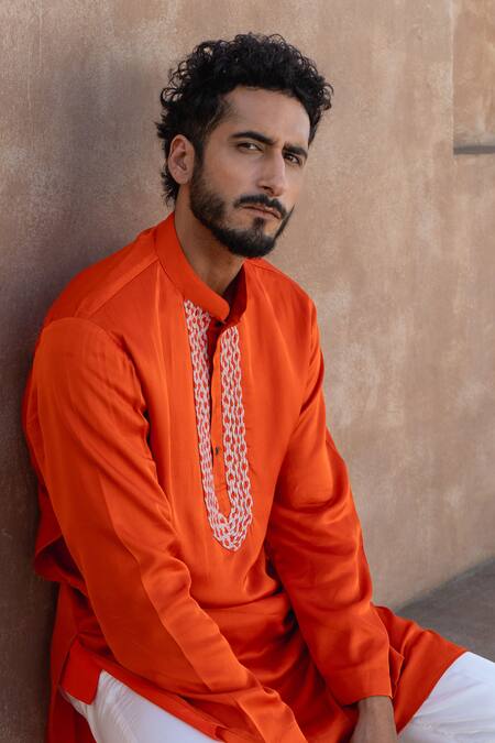 Neora By Nehal Chopra_Orange Modal, Crepe Embroidery Braided Placket Kurta With Pyjama _Online_at_Aza_Fashions