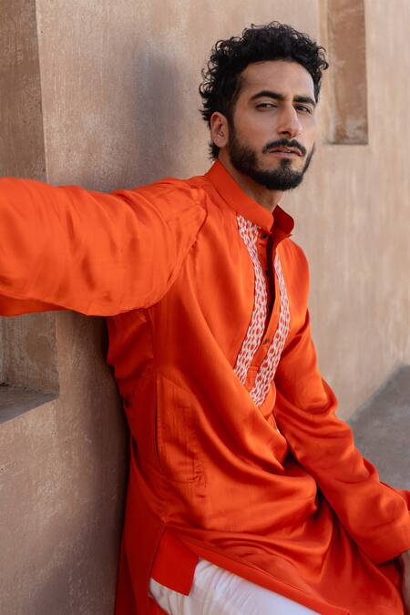 Buy_Neora By Nehal Chopra_Orange Modal, Crepe Embroidery Braided Placket Kurta With Pyjama _Online_at_Aza_Fashions