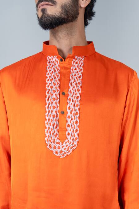 Shop_Neora By Nehal Chopra_Orange Modal, Crepe Embroidery Braided Placket Kurta With Pyjama _Online_at_Aza_Fashions