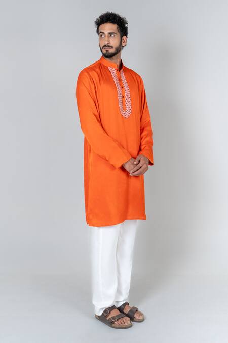 Neora By Nehal Chopra_Orange Modal, Crepe Embroidery Braided Placket Kurta With Pyjama _at_Aza_Fashions