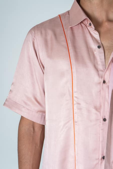 Neora By Nehal Chopra_Pink Bemberg Modal Silk Plain Contrast Piping Detail Shirt _Online_at_Aza_Fashions