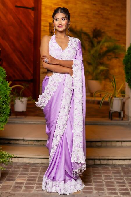 Buy_Label Anshu Khathuria_Purple Cotton, Crepe, Chiffon Pearls, Crystals, Embroidered Saree And Bustier Set 