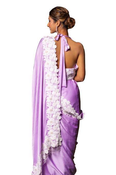 Shop_Label Anshu Khathuria_Purple Cotton, Crepe, Chiffon Pearls, Crystals, Embroidered Saree And Bustier Set 