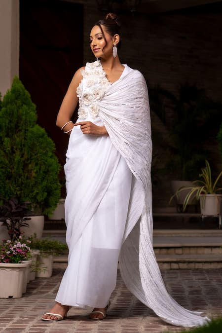 Label Anshu Khathuria Ivory Chiffon Blend Embroidered Stone V-neck Saree Gown 