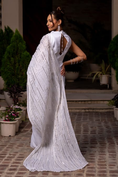 Label Anshu Khathuria Ivory Silk, Chiffon Pearls, Sequins, Stones, Beads V-neck Embroidered Saree Gown Online at Aza Fashions Label Anshu Khathuria_Ivory Silk, Chiffon Pearls, Sequins, Stones, Beads V-neck Embroidered Saree Gown _Online_at_Aza_Fashions